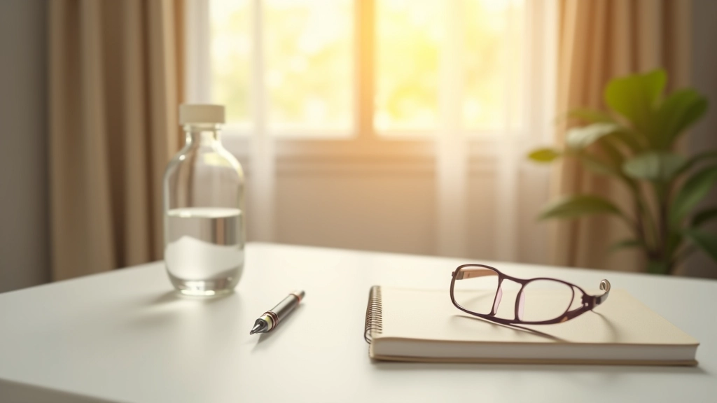 Minimalist bedroom nightstand with journal, pen, water bottle, and reading glasses, warm morning light