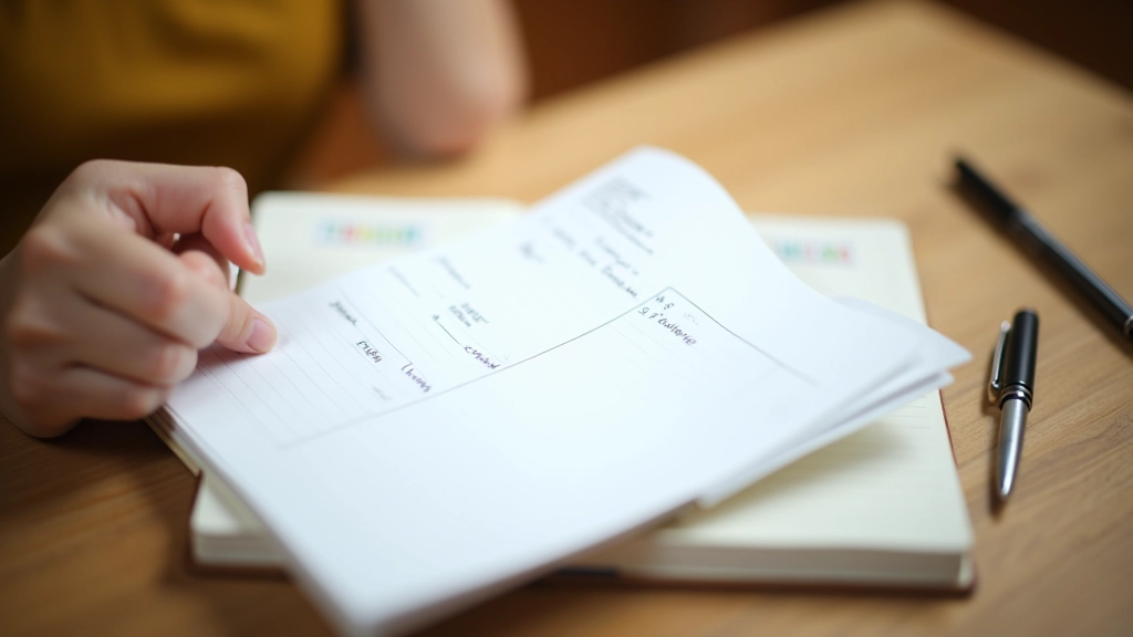 Detailed view of a weekly planner with handwritten schedule and time blocks, organized workspace
