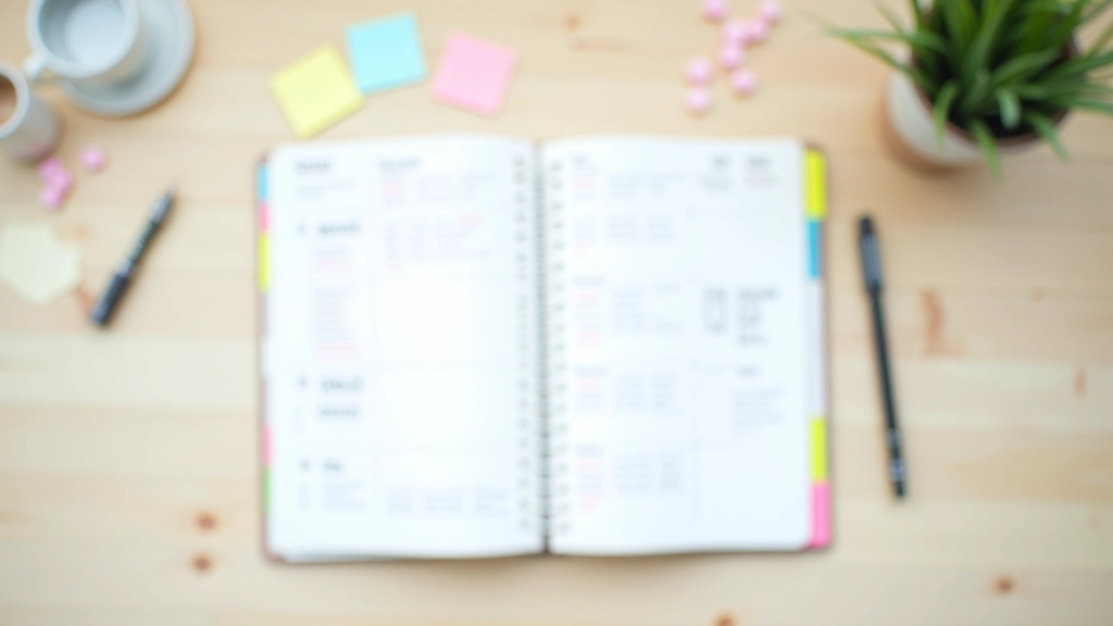 Notebook with handwritten weekly schedule and sticky notes on a light table surface