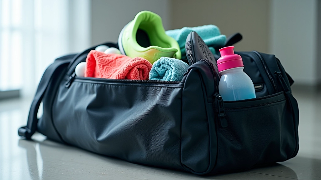 Organized gym bag packed with training shoes, water bottle, and athletic gear neatly arranged
