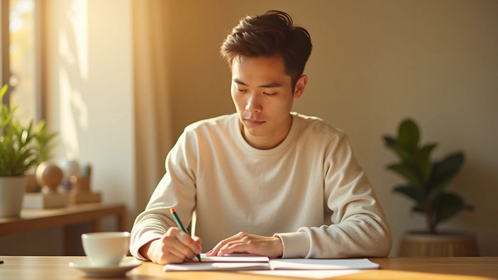 Person reviewing personal goals and current habits in notebook