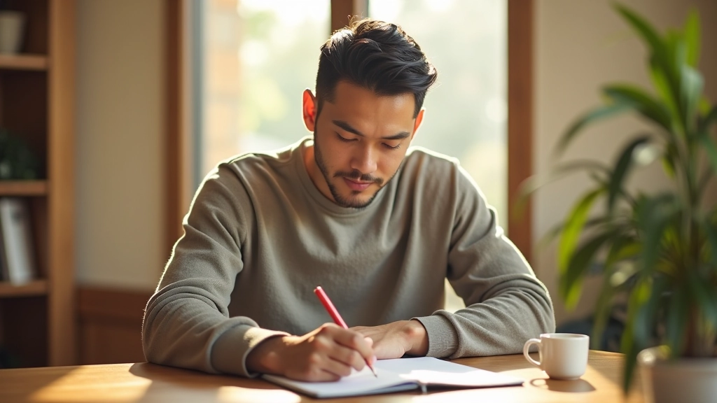 Person writing morning routine in journal with coffee at wooden desk