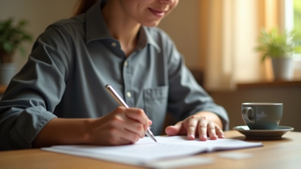 Person at wooden desk reviewing daily plan with coffee cup and notebook visible