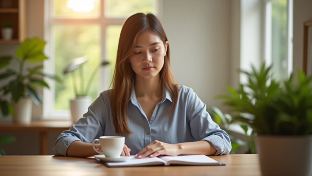 Person at a wooden desk with coffee cup and journal, morning light from window