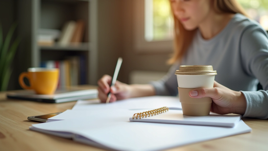 Person reviewing written notes in planner while holding coffee, focused work environment, daytime
