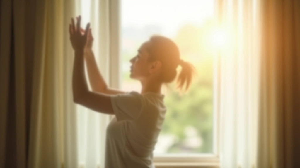 Person doing morning stretches by a window with natural sunlight, peaceful bedroom setting, calm expression