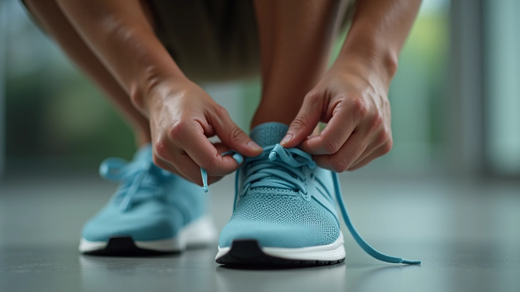 Person tying athletic shoes with focus and determination, close-up of hands preparing for workout