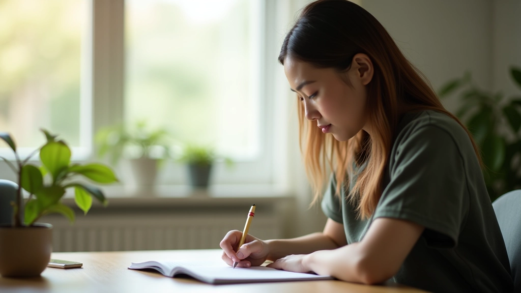 Woman writing in a planner at home with natural morning light, sitting at desk
